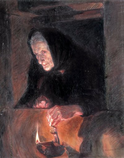 Oude dame heeft de olielamp door Jose Benlliure Ortiz