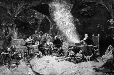 Sabbatscène, een tovenaar leidt de ceremonie en roept wezens op in een magische ketel. Heksen wonen de scène bij. Uit een tekening van Jose Benlliure y Gil (1855-1937) door Jose Benlliure y Gil