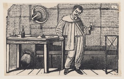 Een man met een glas in zijn hand die naar beneden kijkt en op een tafel leunt, een illustratie uit „El huérfano“ door José Guadalupe Posada