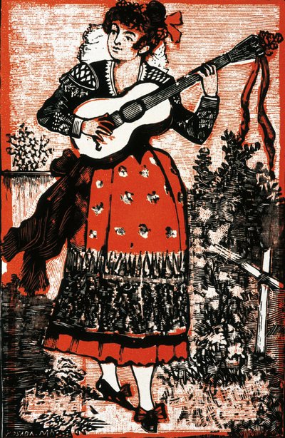 Omslag van een liedboek met een Mexicaanse vrouw met een gitaar. Gravure van Jose Guadalupe Posada (1852-1913) door José Guadalupe Posada