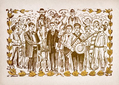 Mexico, Mexicaanse Revolutie: "El Triunfo de Madero" (Francisco Indalecio Madero Gonzalez (1873-1913) gekozen tot president met de steun van revolutionairen Villa en Zapata. Portret te paard temidden van de menigte van zijn volgelingen. Gravure door door José Guadalupe Posada