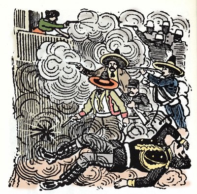 De Mexicaanse Revolutie (1910-1920): aanval op het huis van Aquiles Serdan. Houtsnede door Jose Guadalupe Posada door José Guadalupe Posada
