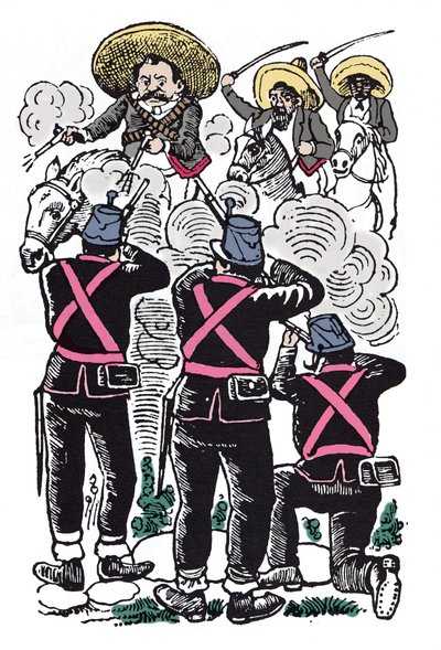 De Mexicaanse Revolutie (1910-1920): het gevecht van de federale troepen tegen de revolutionaire troepen van Emiliano Zapata (Emiliano Zapata Salazar bekend als El Caudillo del Sur) door José Guadalupe Posada