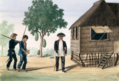 Een gevangene geleid door een politieagent en een raadslid, uit "The Flebus Album of Views In and Around Manila", c.1845 door Jose Honorato Lozano