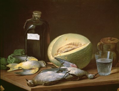 Stilleven met Meloen en Vogels door Jose Lopez Enguidanos