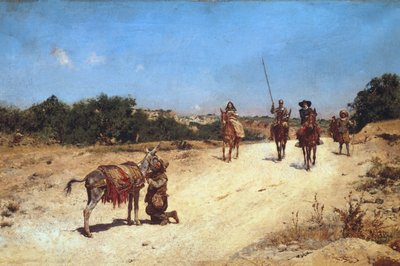 De ontmoeting van Sancho Panza en zijn ezel Rucio, Illustratie van Don Quichot door Jose Moreno Carbonero