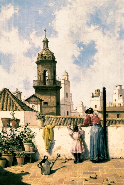 Dakterras in Cadiz. Een moeder en dochter waarschijnlijk de planten water gevend met de gieter in het midden van het terras. Schilderij door Jose Perez Siguimboscum (19e eeuw), eind 19e eeuw. door Jose Perez Siguimboscum