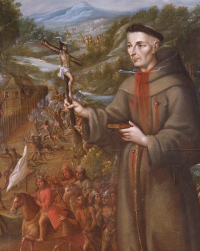 Vernietiging door de Indianen van de missie van St. Saba in Texas en martelaarschap van de Franciscaanse monnik Jose de Sanriesban (detail) door Jose de or Joseph Paez