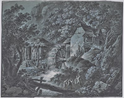 Molen in een boslandschap met verschillende mensen en een reusachtige door Josef Abel