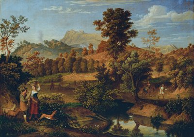 Italiaans landschap met ploegende boer (De Serpentara bij Olevano, landschap bij Paliano) door Josef Anton Koch