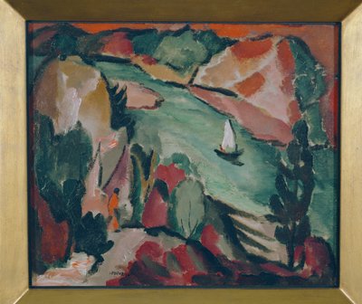 Rivierlandschap ... (olieverf op doek) door Josef Eberz