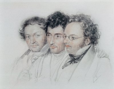 Van links naar rechts, vrienden van de componisten Johann Baptist Jenger, Anselm Huttenbrenner en Franz Schubert, pastel door Josef Teltscher door Josef Eduard Teltscher