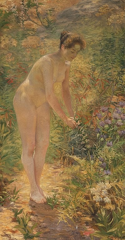 Staande vrouwelijke naakt in de tuin. Rond 1900 door Josef Engelhart