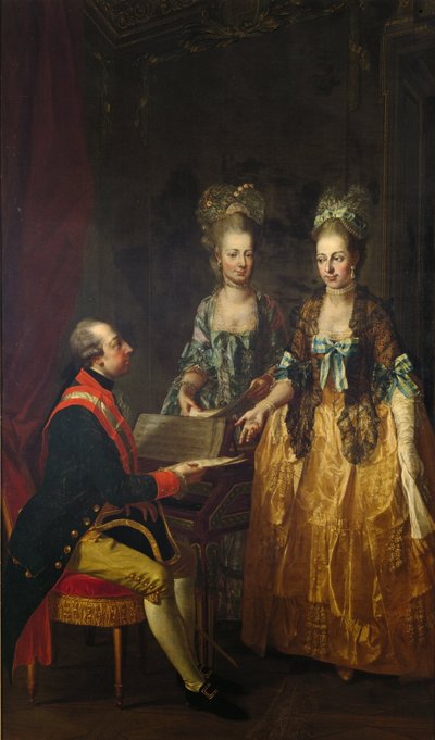 Portret van keizer Jozef II aan het spinet met zijn zussen Maria Elisabeth en Maria Anna door Josef Hauzinger