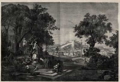 Oud Griekenland: zicht op de tuinen van Venus in Athene. Gravure naar een schilderij van Joseph Hoffmann in 