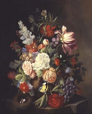 Een Stilleven van Gemengde Zomerbloemen in een Urn door Josef Holstayn