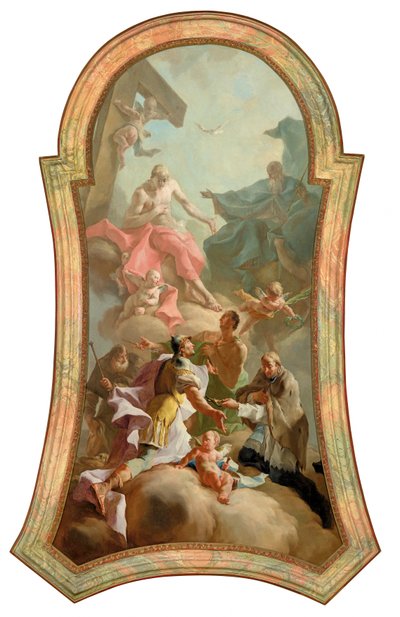 De Heilige Drie-eenheid met de heiligen Rochus, Florian, Sebastian en Johannes van Nepomuk door Josef Ignaz Mildorfer