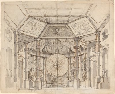 Toneelontwerp voor een Koepelvormige Tempelinterieur met een Zonneschijf boven het Altaar door Josef Ignáz Platzer