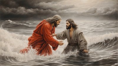 Jezus redt Simon Petrus van verdrinking door Josef Johann Michel