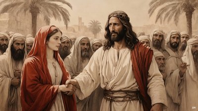 Jezus redt de overspelige vrouw van steniging door Josef Johann Michel
