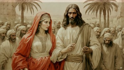 Jezus redt de overspelige vrouw van steniging door Josef Johann Michel