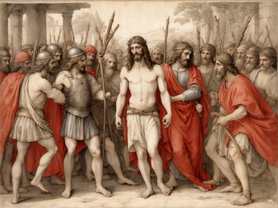 Jezus bespot en geslagen door Romeinse soldaten door Josef Johann Michel