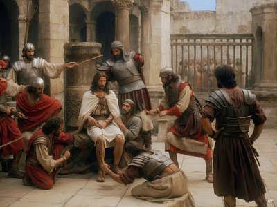 Jezus bespot en geslagen door Romeinse soldaten door Josef Johann Michel