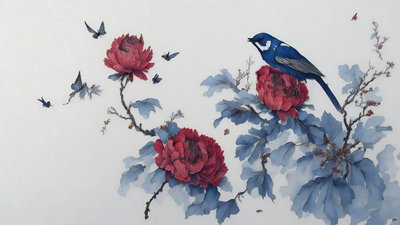 inkt schilderij: Pioen in blauw 01 door Josef Johann Michel