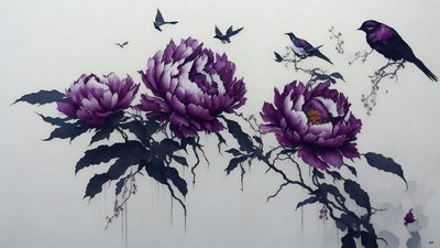 inkt schilderij: Pioen in diep paars 01 door Josef Johann Michel