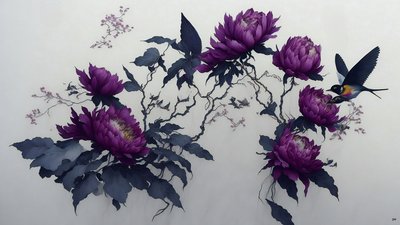 inkt schilderij: Pioen in diep paars 02 door Josef Johann Michel
