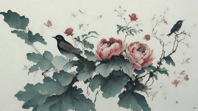 inkt schilderij: Pioen in groen 01 door Josef Johann Michel