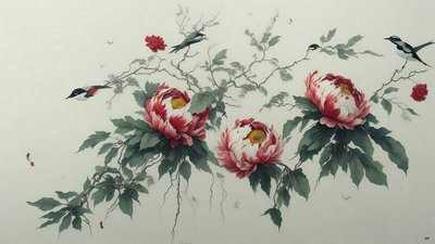 inkt schilderij: Pioen in groen 02 door Josef Johann Michel