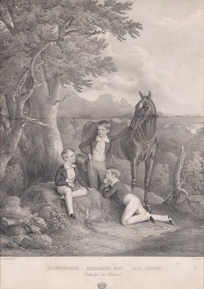 Josef Kriehuber De aartshertogen Frans Jozef - Ferdinand Max - Carl Ludwig 1844 door Josef Kriehuber