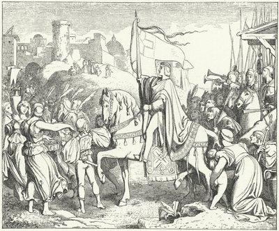 De Heilige Roomse Keizer Frederik II betreedt Jeruzalem, Zesde Kruistocht door Josef Mathias (after) Trenkwald
