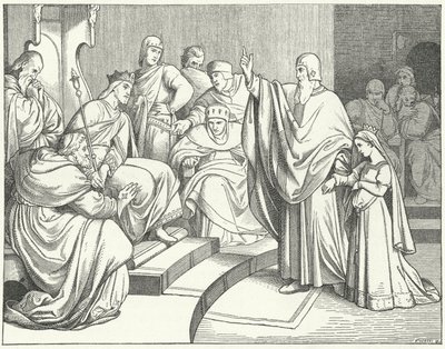Beatrice van Hohenstaufen vraagt koning Otto IV van Duitsland om de moord op haar vader, Filips van Zwaben, te wreken door Josef Mathias Trenkwald
