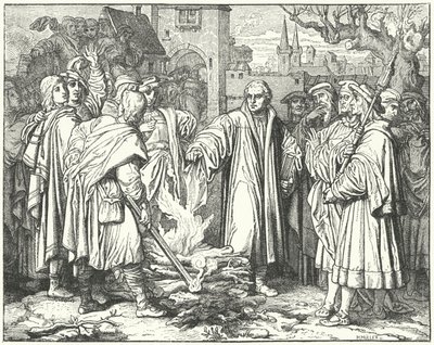 Maarten Luther verbrandt de pauselijke bul in Wittenberg, 1520 door Josef Mathias Trenkwald