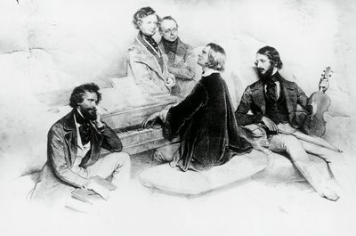 Matinee bij Liszt thuis, van links naar rechts, Kriehuber, componist Hector Berlioz, Carl Czerny, Franz Liszt en violist Heinrich Wilhelm Ernst, Lithografie door Josef Kriehuber door Josef Nikolaus Kriehuber