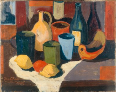 Stilleven met kannen en fruit door Josef Scharl