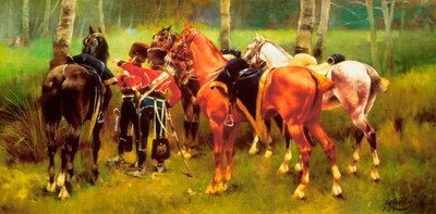 Groep huzaren en paarden in het bos door Josep Cusachs y Cusachs