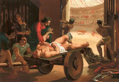 Galen helpt een gladiator, gewond in het circus van Bergamo door Josep or Jose Planella Coromina