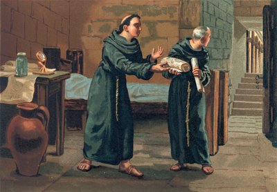 Roger Bacon stuurt zijn Magnum Opus naar de Paus door Josep or Jose Planella Coromina