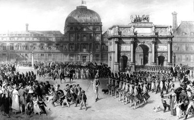 Afbeelding van een Militaire Parade tijdens het Eerste Franse Keizerrijk in 1810, voor de Tuilerieën. 1862 door Joseph Louis Hippolyte Bellange