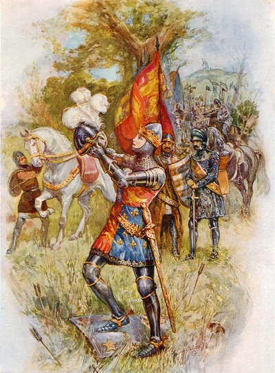 Edward, de Zwarte Prins, bij de slag van Crecy (kleurenlitho) door Joseph (after) Finnemore