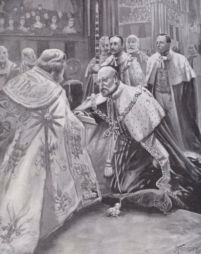 Koning Edward VII legt de eed af bij zijn kroning, Westminster Abbey, Londen door Joseph (after) Finnemore