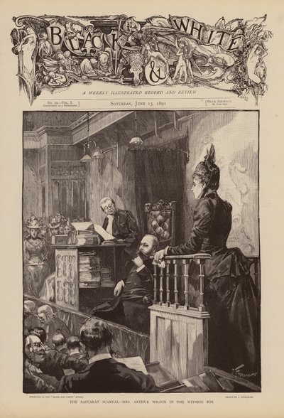 Mevrouw Arthur Wilson getuigt tijdens het proces van het Baccarat-schandaal (gravure) door Joseph (after) Finnemore