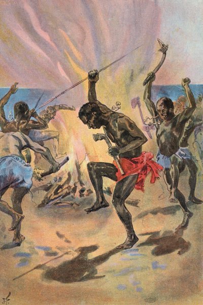 Robinson Crusoe: Ik zie de wilden dansen door Joseph (after) Finnemore