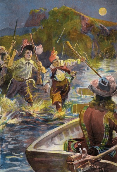 Robinson Crusoe: Onze mannen rennen naar de boten door Joseph (after) Finnemore