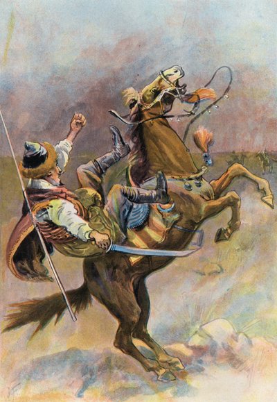 Robinson Crusoe: Het paard wierp de tartaar neer en viel op hem door Joseph (after) Finnemore