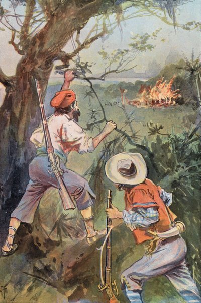 Robinson Crusoe: De hutten in brand door Joseph (after) Finnemore