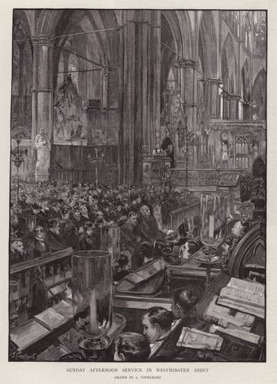 Zondagmiddagdienst in Westminster Abbey, Londen (litho) door Joseph (after) Finnemore